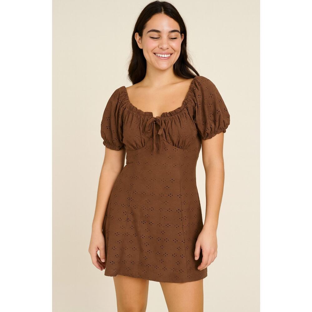 Heart & Heels Brown Milkmaid Babydoll‎ Girly Dainty Mini Dress Size Small